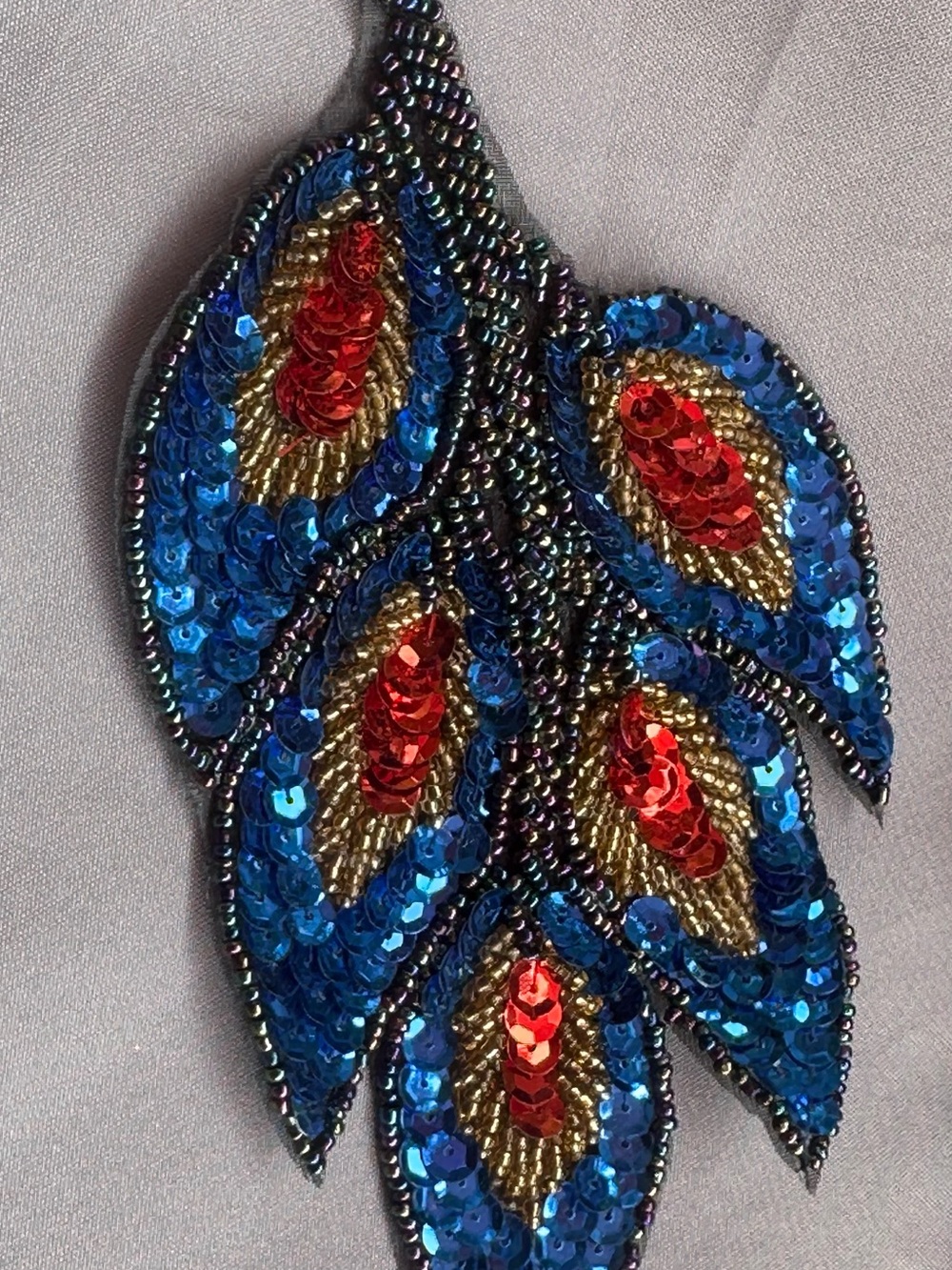 Blue, Gold & Red Sequins Beaded Peacock Feather Appliqué